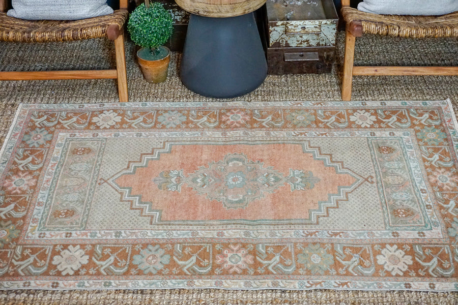 3’8 x 6’1 Oushak Rug Muted Copper, Bronze + Green and Cream Vintage Carpet