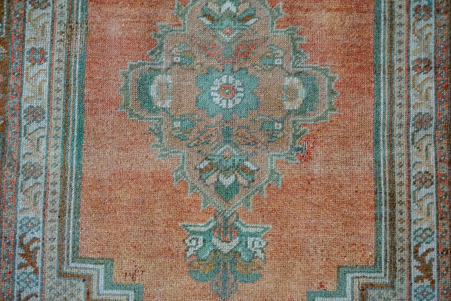 3’8 x 6’1 Oushak Rug Muted Copper, Bronze + Green and Cream Vintage Carpet