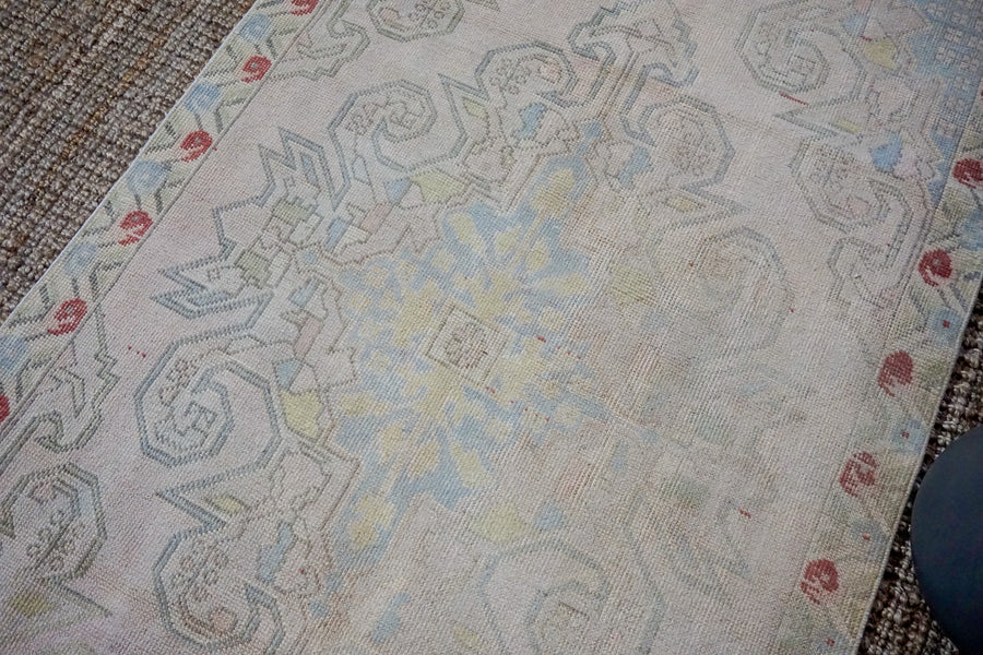 4’3 x 7’2 Oushak Rug Baby Pink, Blue and Yellow Vintage Carpet