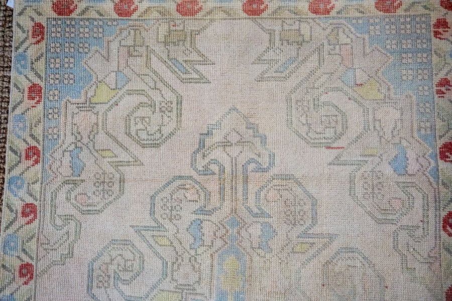 4’3 x 7’2 Oushak Rug Baby Pink, Blue and Yellow Vintage Carpet