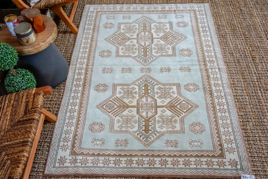 4’3 x 6’1 Turkish Taspinar Rug Baby Blue, Cream and Brown Vintage Carpet