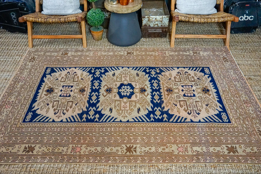 5’ x 7’2 Turkish Taspinar Rug Navy Blue, Beige and Brown Vintage Carpet
