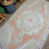 4’5 x 7’11 Oushak Rug Muted Copper, Mint and Pink Vintage Carpet '3399
