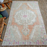 4’5 x 7’11 Oushak Rug Muted Copper, Mint and Pink Vintage Carpet '3399
