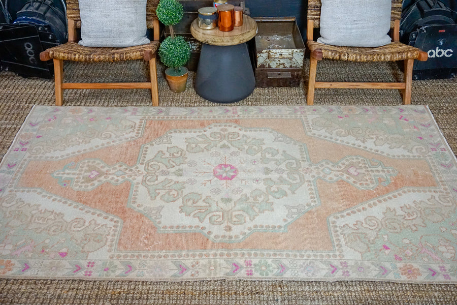 4’5 x 7’11 Oushak Rug Muted Copper, Mint and Pink Vintage Carpet