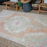4’5 x 7’11 Oushak Rug Muted Copper, Mint and Pink Vintage Carpet '3399