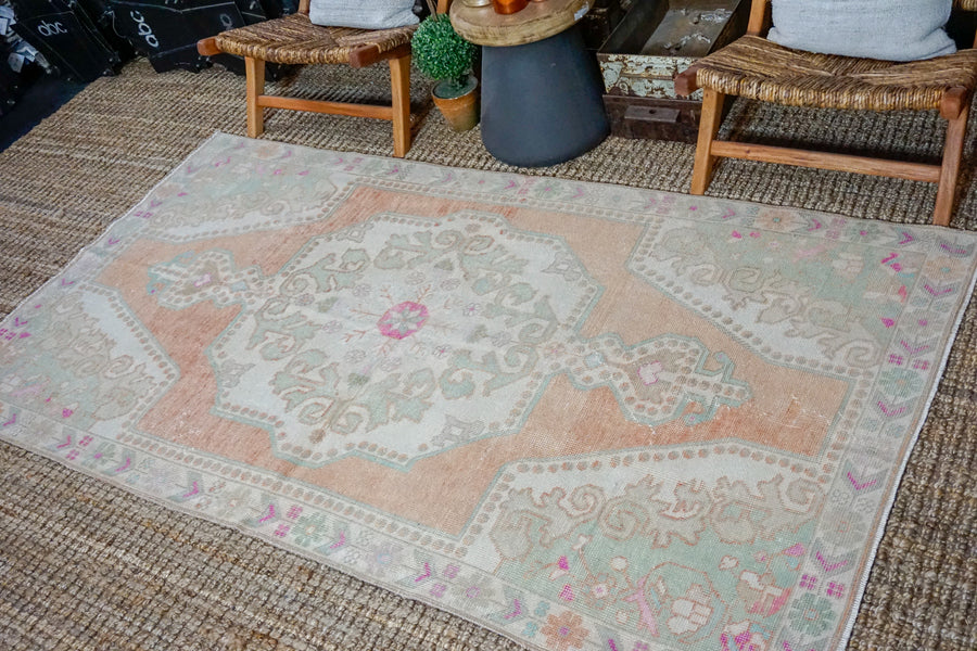 4’5 x 7’11 Oushak Rug Muted Copper, Mint and Pink Vintage Carpet