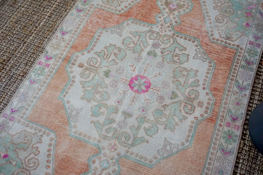 4’5 x 7’11 Oushak Rug Muted Copper, Mint and Pink Vintage Carpet