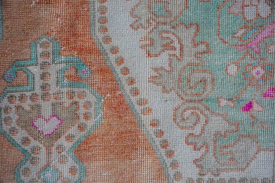 4’5 x 7’11 Oushak Rug Muted Copper, Mint and Pink Vintage Carpet