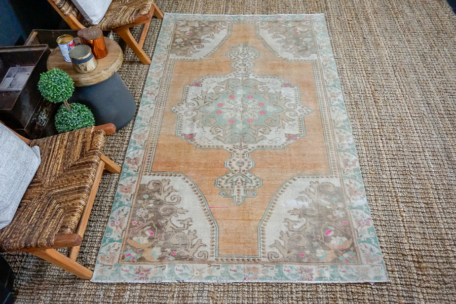 4’5 x 7’5 Turkish Oushak Carpet Muted Beige, Copper + Mint Vintage 1970’s