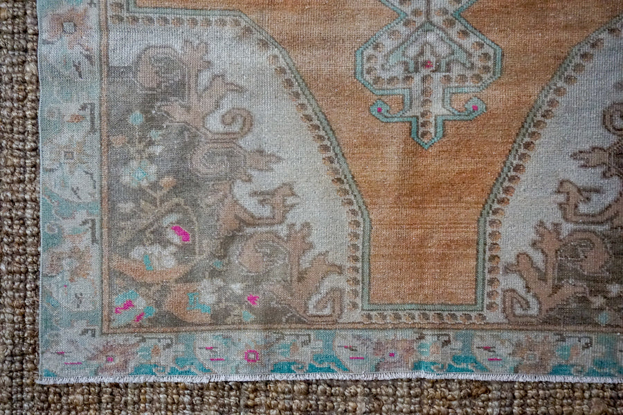 4’5 x 7’5 Turkish Oushak Carpet Muted Beige, Copper + Mint Vintage 1970’s