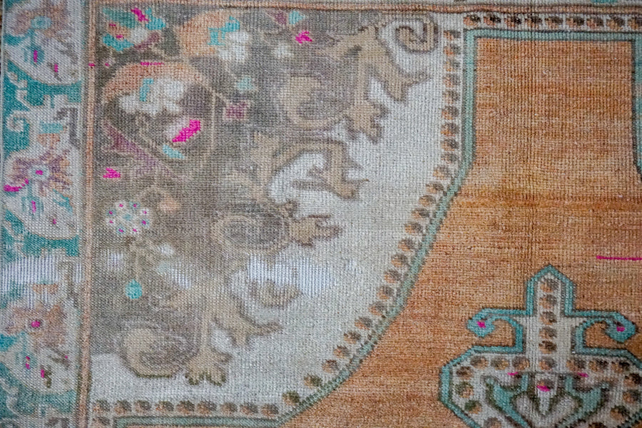 4’5 x 7’5 Turkish Oushak Carpet Muted Beige, Copper + Mint Vintage 1970’s
