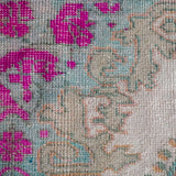 4’7 x 7’8 Turkish Oushak Carpet Muted Pink, Aqua + Vanilla Vintage Rug 1970’s