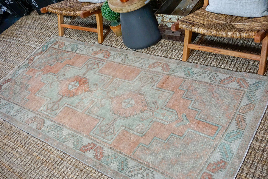 3’8 x 8’ Turkish Oushak Runner Muted Copper, Green + Gray Vintage 1970’s