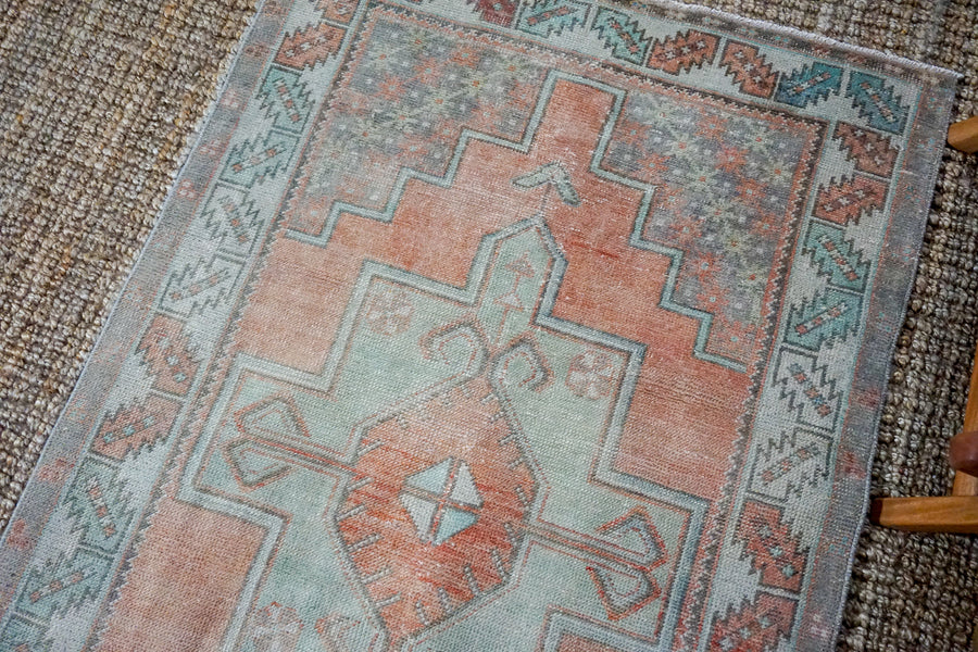 3’8 x 8’ Turkish Oushak Runner Muted Copper, Green + Gray Vintage 1970’s