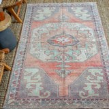 4’4 x 6’10 Oushak Rug Muted Red, Mint Green and Purple-Gray Vintage Carpet