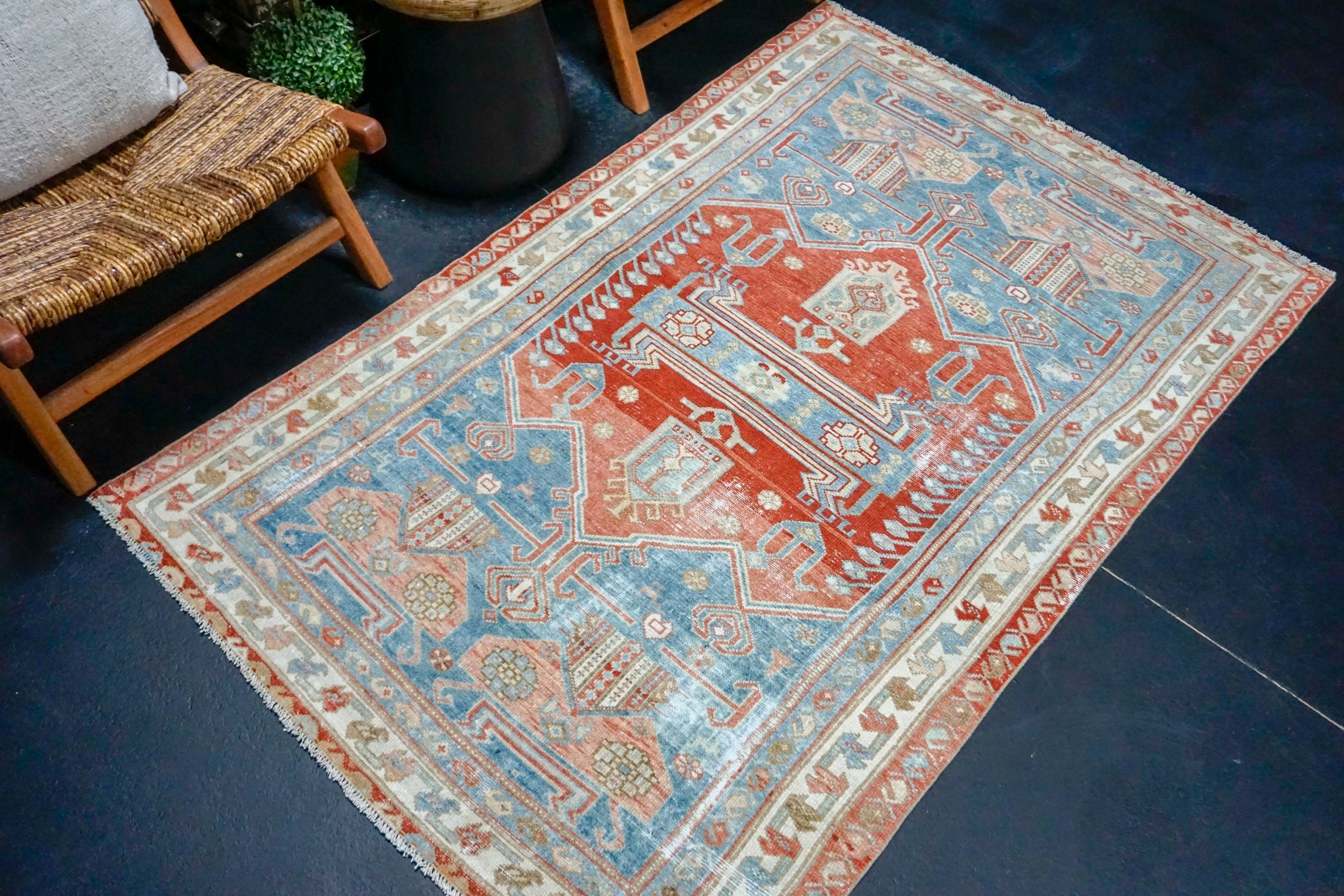 4’2 x 6’7 Classic Antique Rug Denim Blue, Salmon + Ivory SB '4297 Linda's Barn