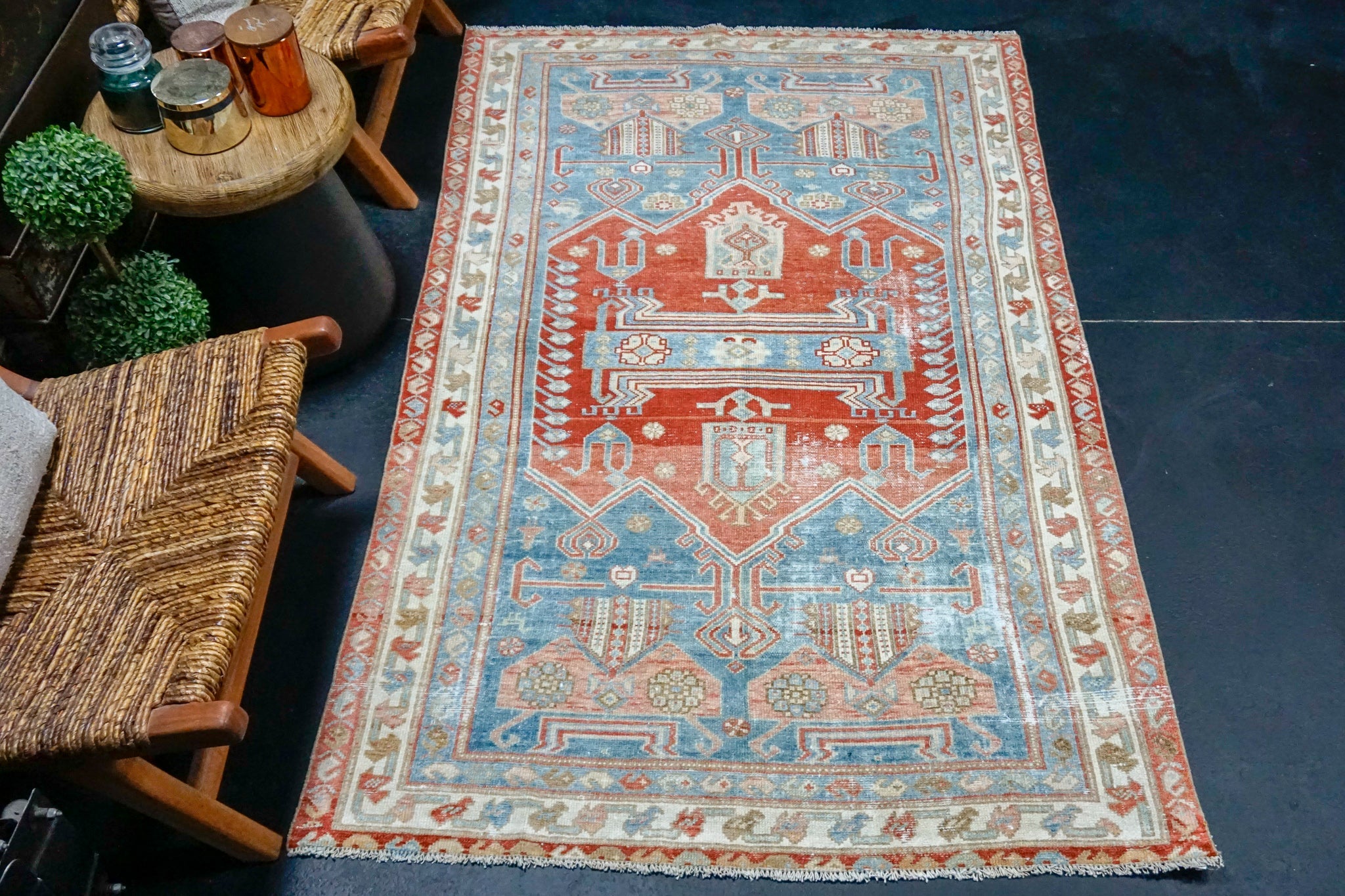 4’2 x 6’7 Classic Antique Rug Denim Blue, Salmon + Ivory SB '4297 Linda's Barn
