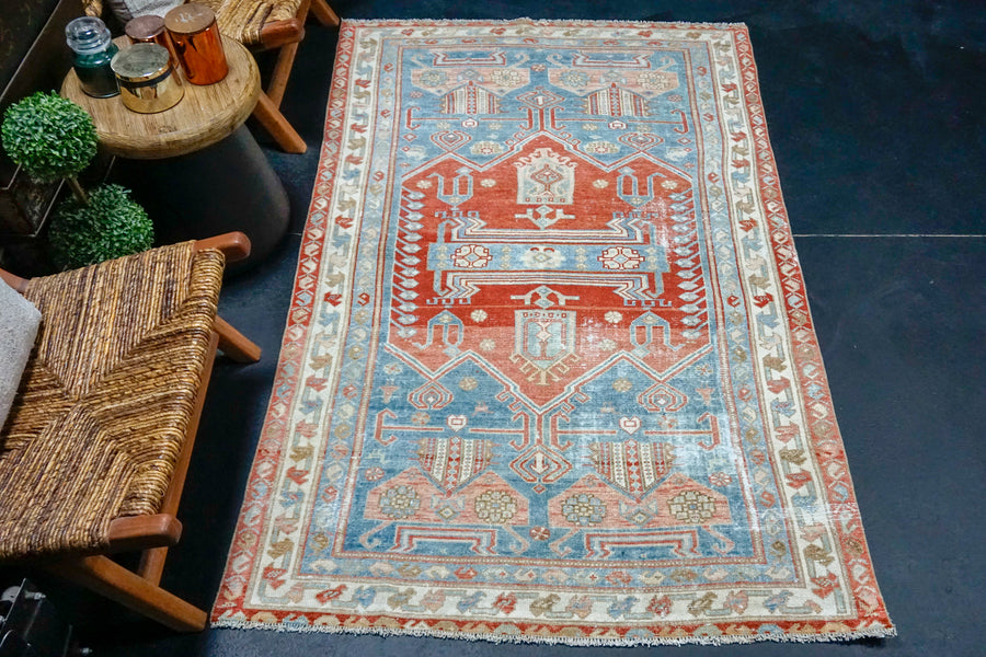 4’2 x 6’7 Classic Antique Rug Denim Blue, Salmon + Ivory SB