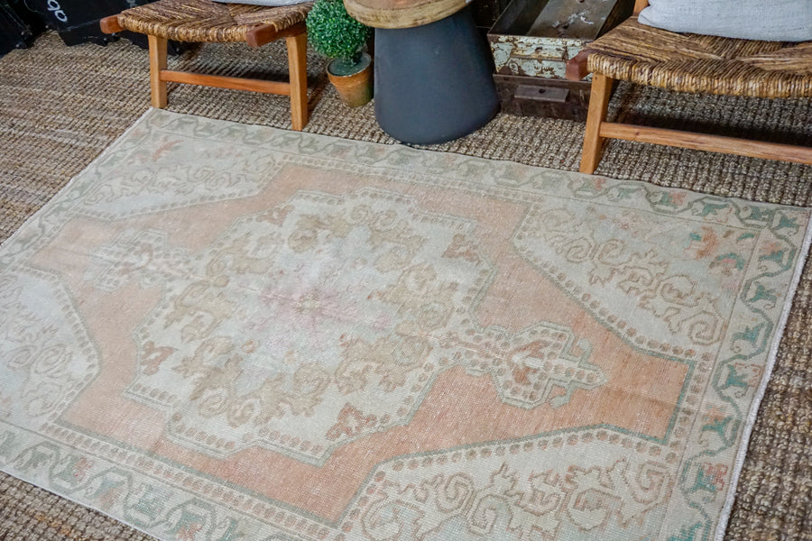 4’5 x 7’2 Oushak Rug Muted Copper, Sage + Beige Vintage Carpet