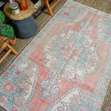 4’3 x 7’3 Oushak Rug Muted Coral Pink, Turquoise Blue + Gray Vintage Carpet