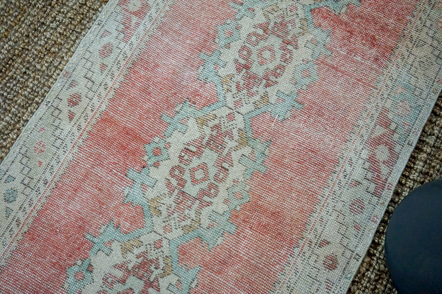 3’1 x 9’3 Turkish Oushak Runner Coral Pink, Blue, & Cream Vintage 1970’s