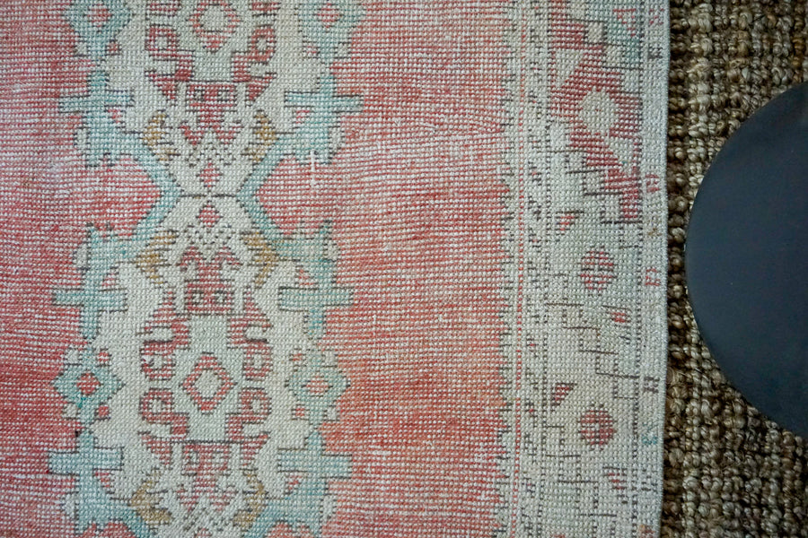 3’1 x 9’3 Turkish Oushak Runner Coral Pink, Blue, & Cream Vintage 1970’s
