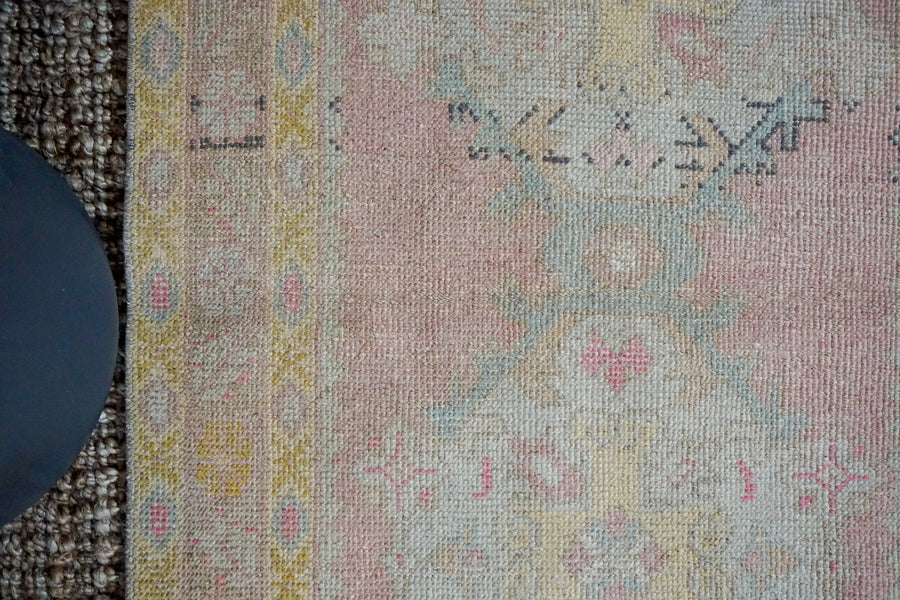 2’11 x 9’7 Turkish Oushak Runner Yellow, Pink, Blue, & Cream Vintage 1970’s