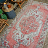 4’3 x 8’3 Turkish Oushak Rug Muted Red, Gray-Beige + Green Vintage Carpet