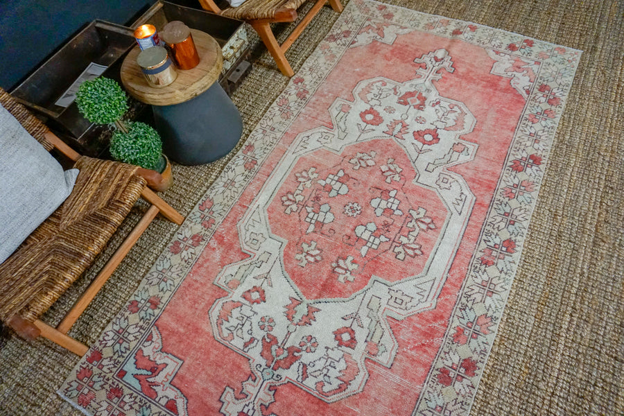 4’3 x 8’3 Turkish Oushak Rug Muted Red, Gray-Beige + Green Vintage Carpet