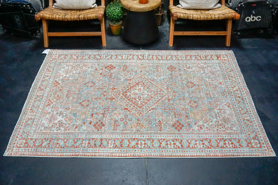 4’4 x 6’4 Classic Antique Rug Muted Sky Blue + Red and White SB