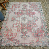 4’8 x 7’ Vintage Turkish Oushak Rug Muted Pink, Red and Gray Carpet