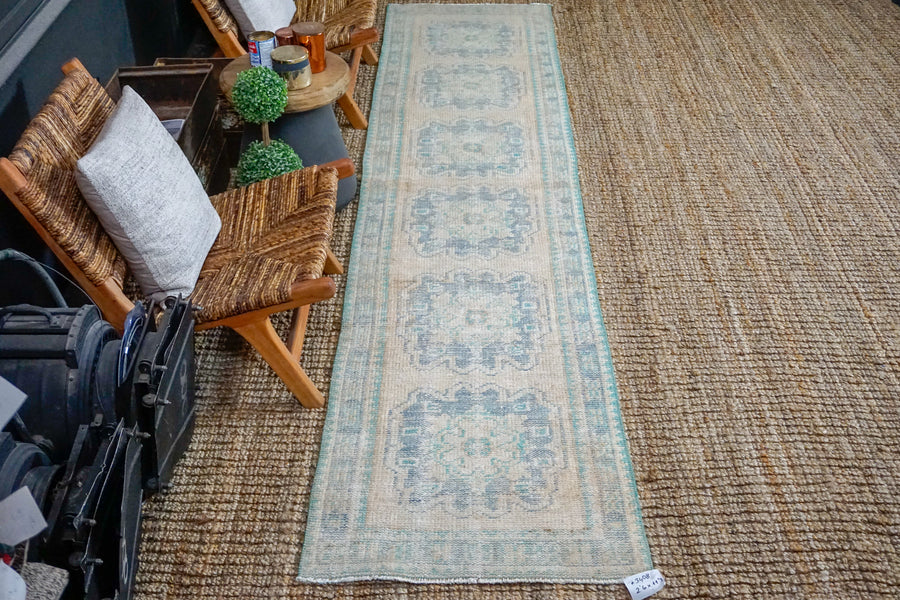 2’6 x 11’3 Vintage Turkish Oushak Runner Muted Beige, Navy Blue + Teal