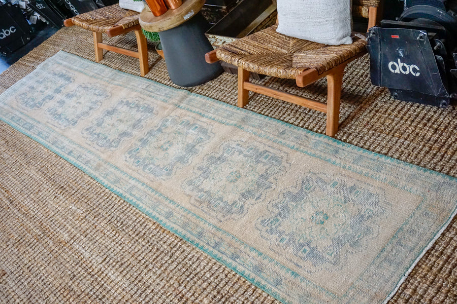 2’6 x 11’3 Vintage Turkish Oushak Runner Muted Beige, Navy Blue + Teal