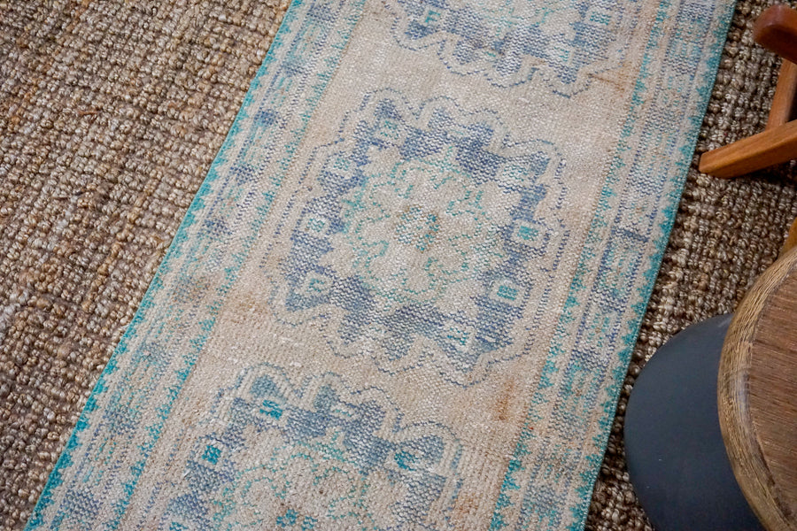 2’6 x 11’3 Vintage Turkish Oushak Runner Muted Beige, Navy Blue + Teal