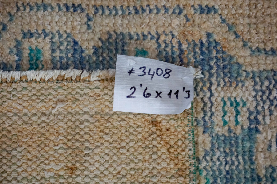 2’6 x 11’3 Vintage Turkish Oushak Runner Muted Beige, Navy Blue + Teal