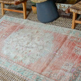 3’3 x 6’9 Turkish Oushak Rug Muted Red, Turquoise + Beige Vintage 60’s