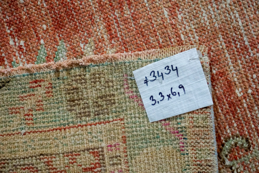 3’3 x 6’9 Turkish Oushak Rug Muted Red, Turquoise + Beige Vintage 60’s