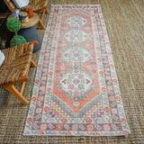 3’3 x 9’9 Vintage Turkish Oushak Runner Red, Turquoise Blue, and Cream