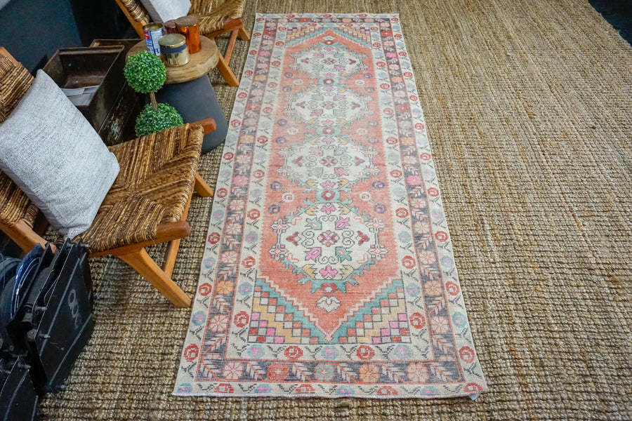 3’3 x 9’9 Vintage Turkish Oushak Runner Red, Turquoise Blue, and Cream