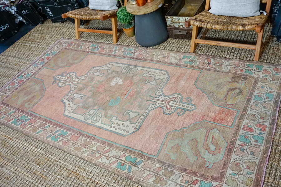 4’8 x 8’10 Turkish Oushak Rug Muted Copper, Green and Purple Vintage 70’s