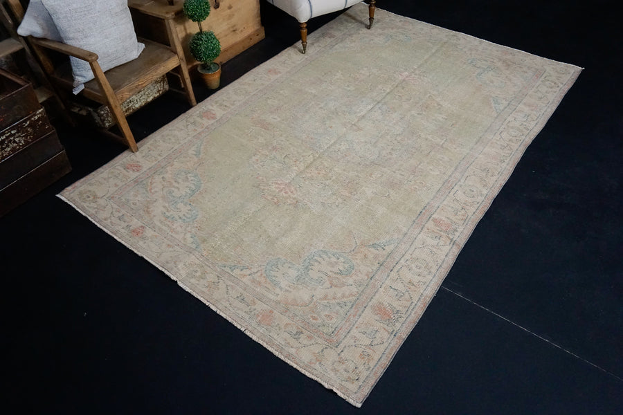 6’2 x 9’2 Vintage Oushak Rug Muted Green, Blue & Red Carpet