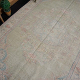 6’2 x 9’2 Vintage Oushak Rug Muted Green, Blue & Red Carpet
