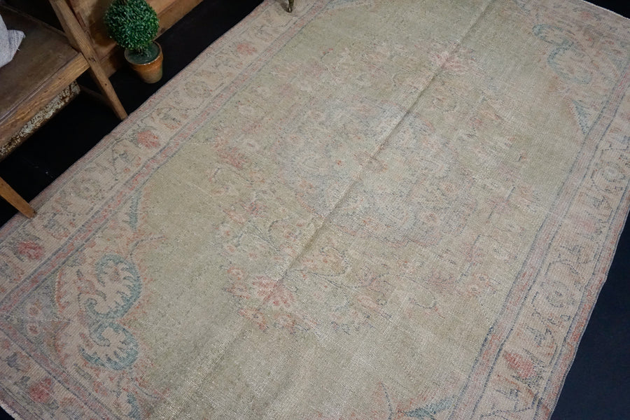 6’2 x 9’2 Vintage Oushak Rug Muted Green, Blue & Red Carpet