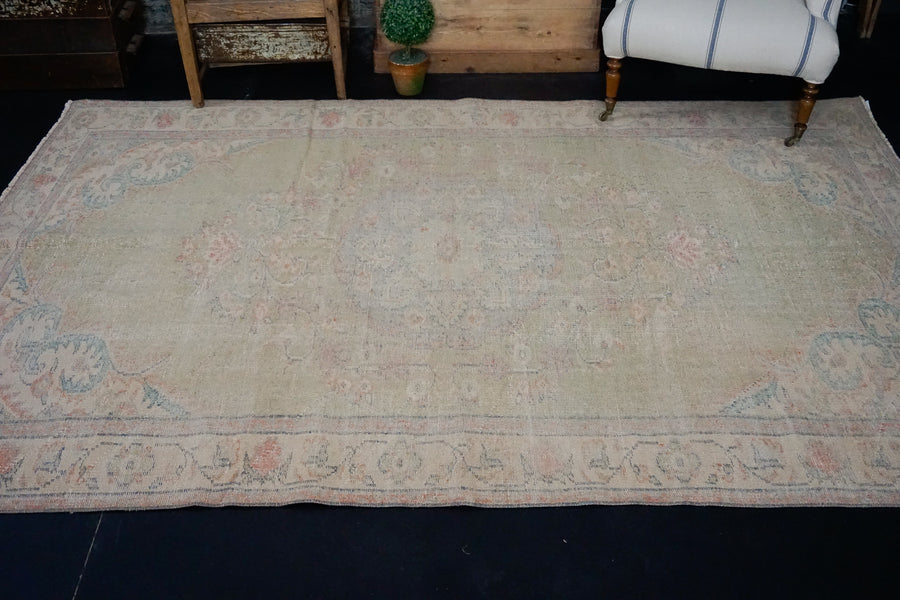 6’2 x 9’2 Vintage Oushak Rug Muted Green, Blue & Red Carpet
