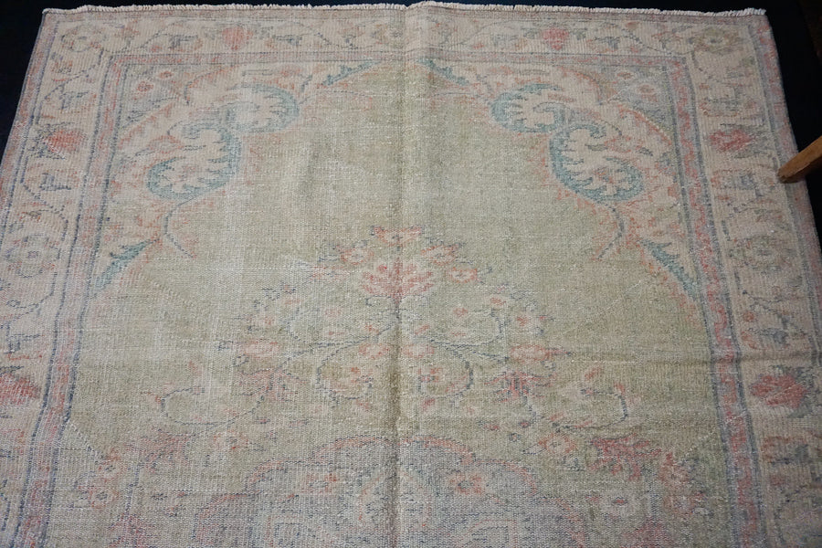 6’2 x 9’2 Vintage Oushak Rug Muted Green, Blue & Red Carpet