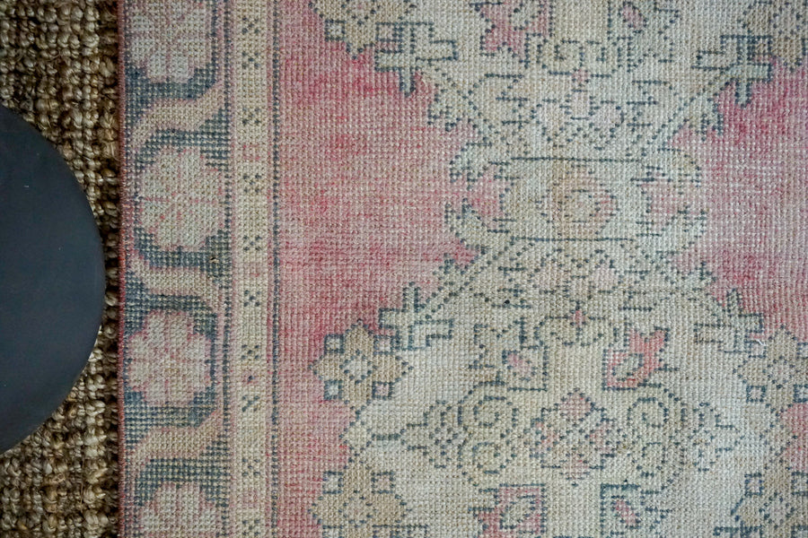 3’1 x 9’8 Vintage Turkish Oushak Runner Muted Red, Charcoal and Beige