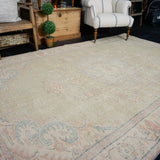 6’2 x 9’2 Vintage Oushak Rug Muted Green, Blue & Red Carpet