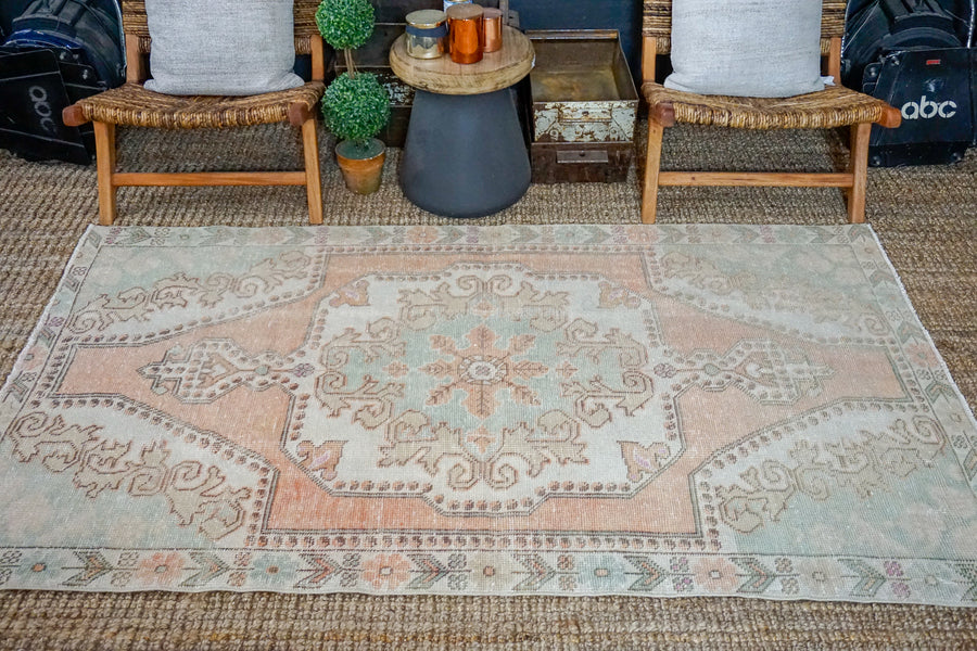 4’5 x 7’4 Turkish Oushak Rug Muted Copper, Sea Foam Green and Beige Vintage 70’s