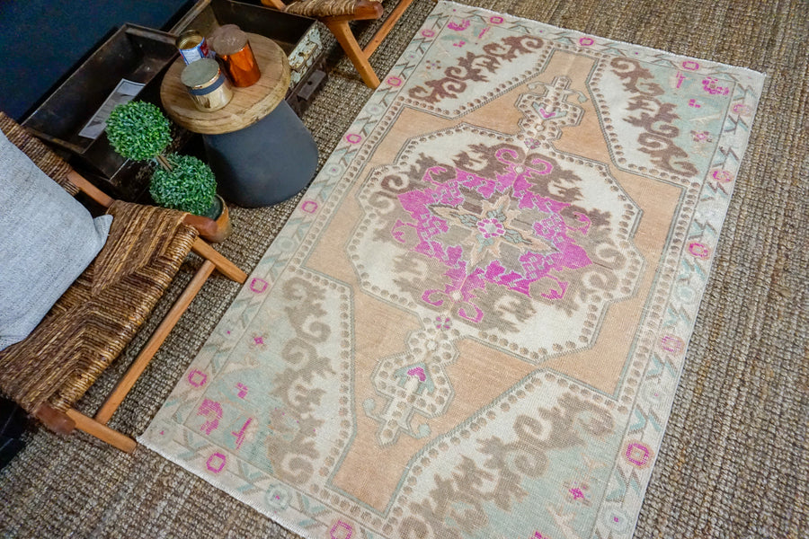 4’6 x 7’1 Turkish Oushak Rug Muted Blush, Pink, Green and Beige Vintage 70’s